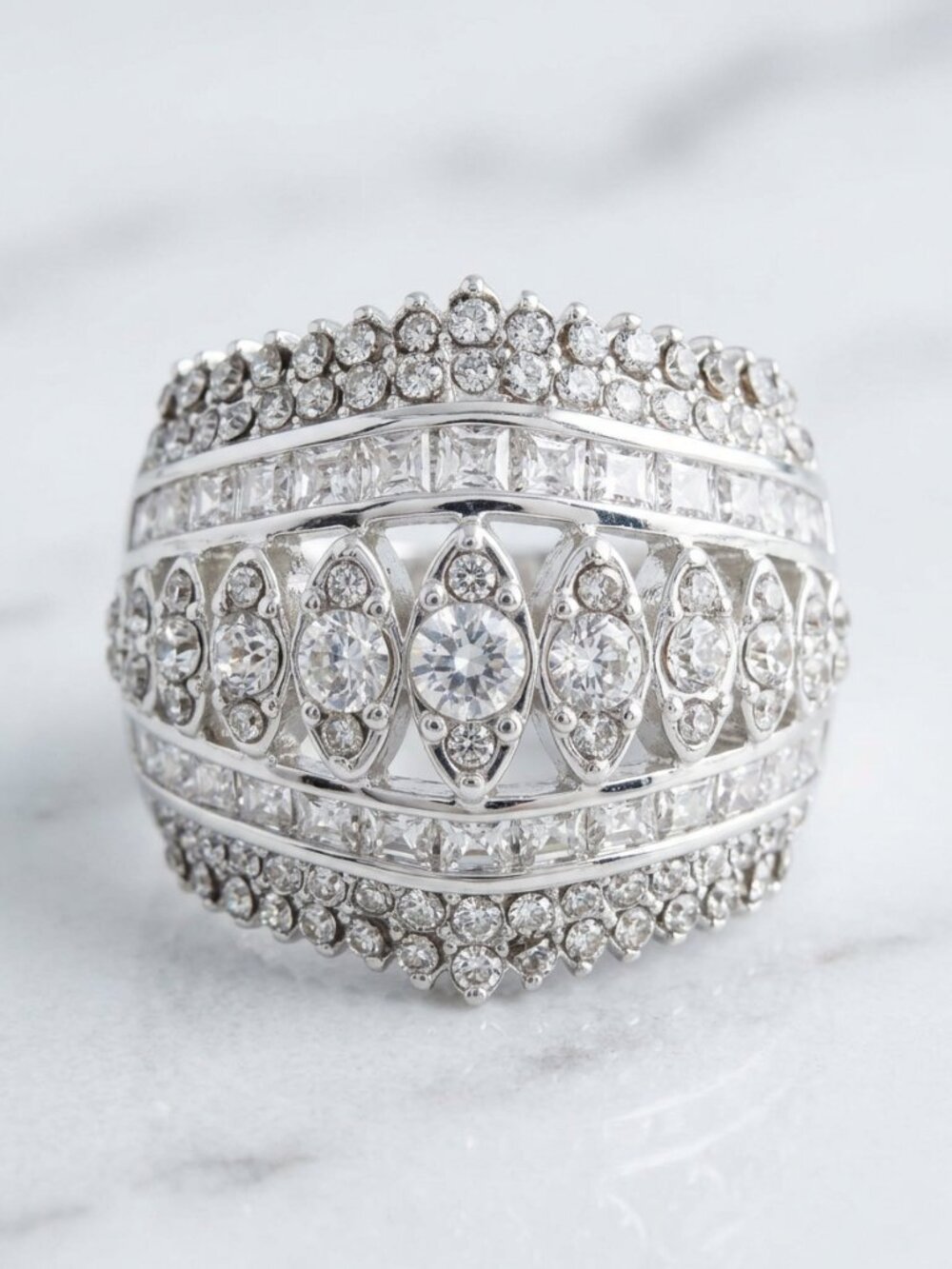 STUNNING Silver-Plated Multi-Row CZ Statement Ring Size 9 | Glamorous Bling 💎✨